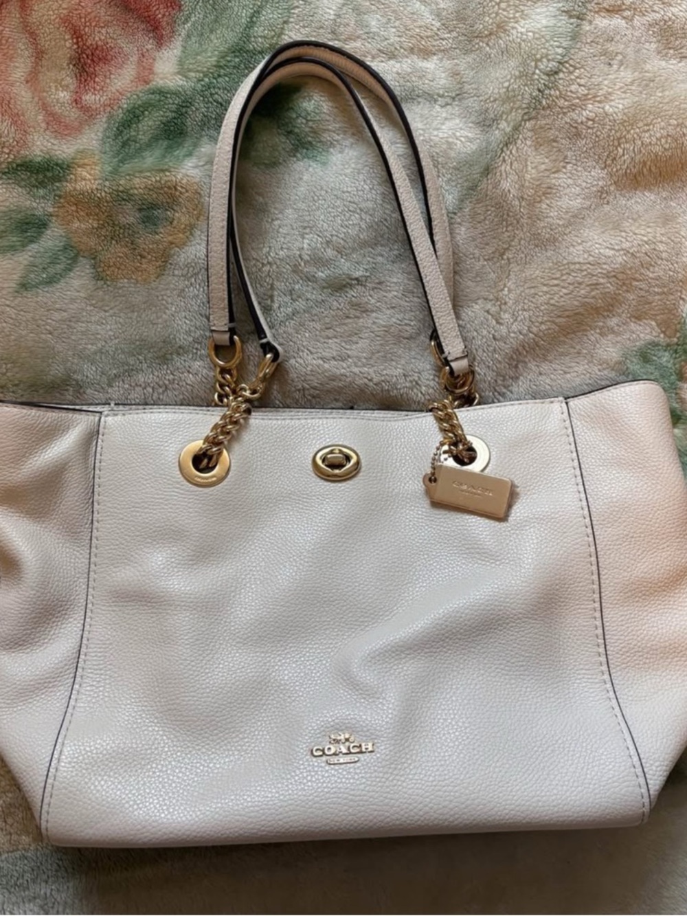 Coach Pebbled Leather Tote in Cream with Gold Hardware